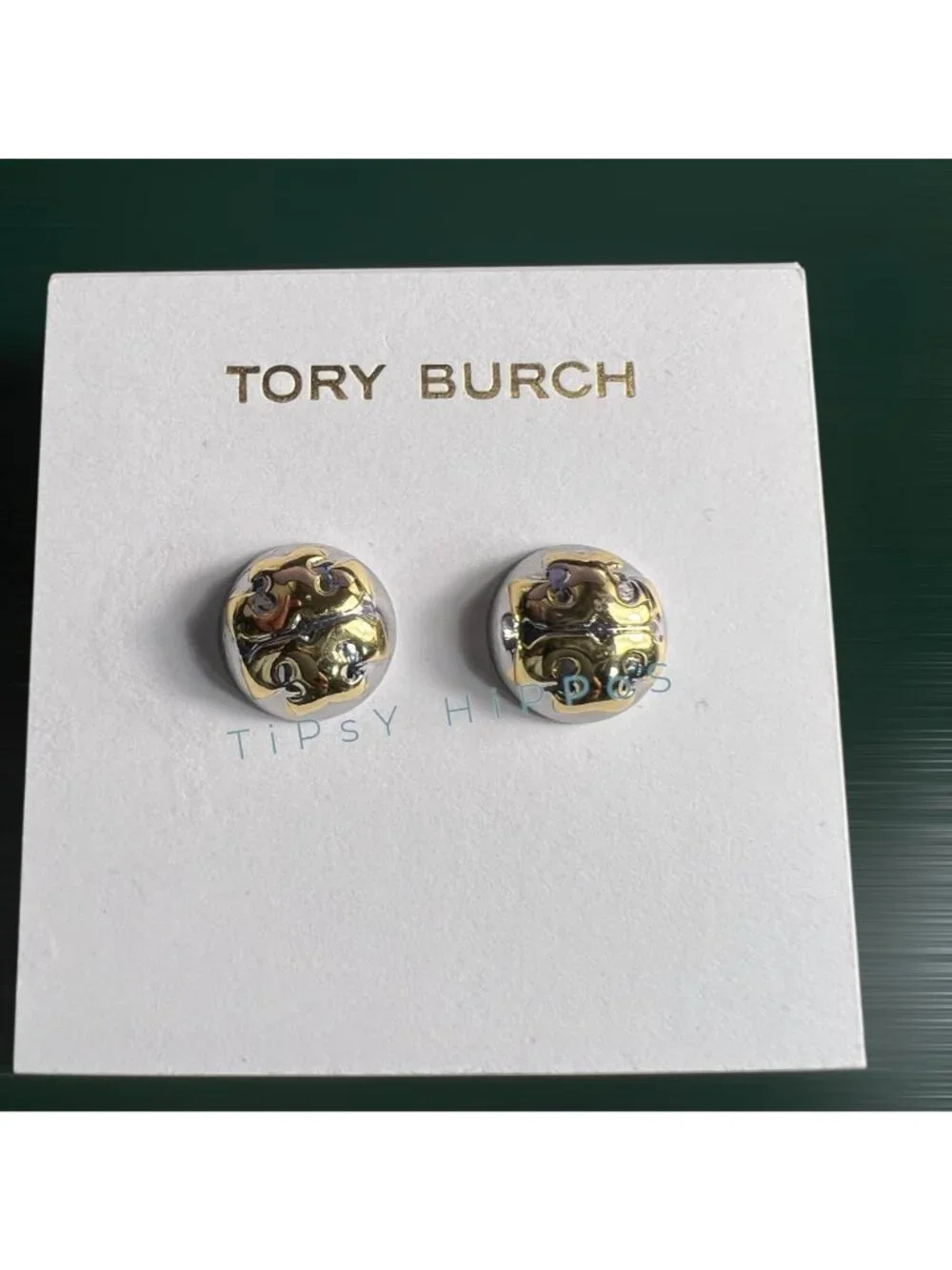 NEW!  Tory Burch Silver and Gold Logo Stud Earrings